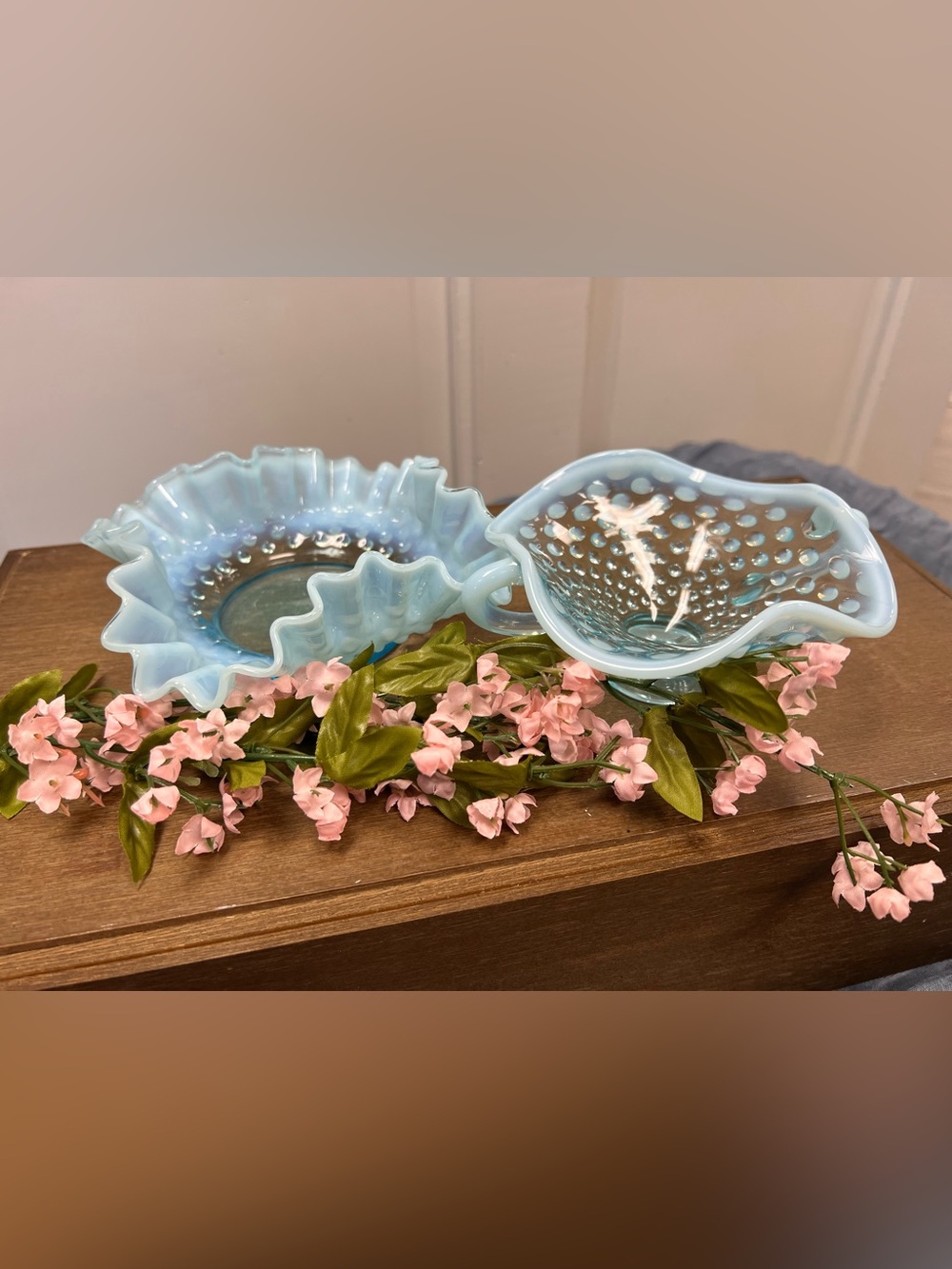 Opalescent Blue Hobnail Glass Decorative Bowl Set